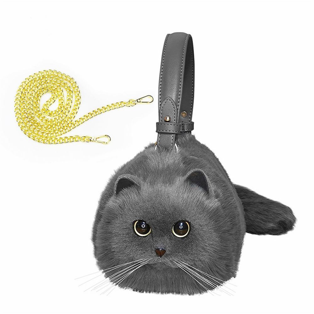 Realistic Puffy Plush Cat Shaped Crossbody Handbag (Blue Cat)